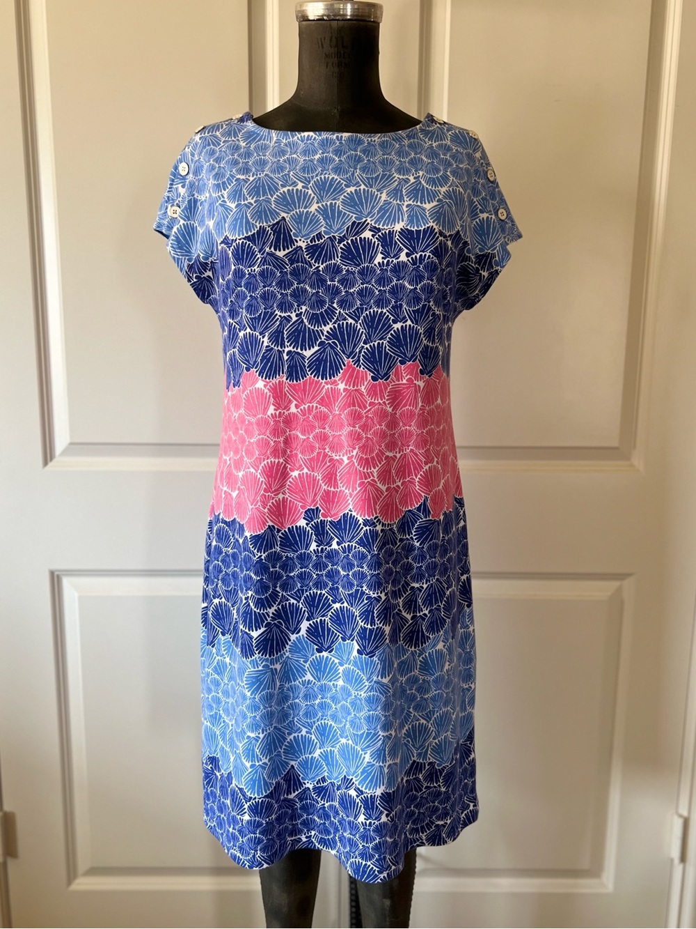 Talbots Blue Pink Shell Print Cotton Shift Dress Shoulder Buttons Small